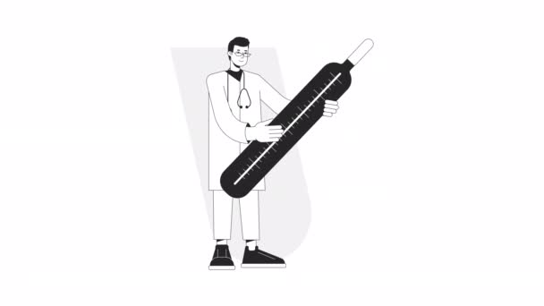 温度計を保持するBwアニメーション アニメーション男性医師2次元フラット単色薄いライン文字 ファミリー医師ウェブデザインのためのアルファチャンネル透明性と4Kビデオコンセプト映像 — ストック動画