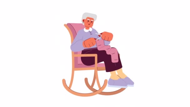 おばあちゃん編みアニメーション ロッキングチェアに隔離された2Dグレーの髪の祖母をアニメーション 漫画フラット文字4Kビデオ映像 白背景 ウェブデザインのためのアルファチャンネル透明性 — ストック動画