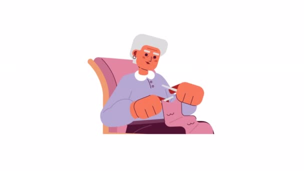 Scarf Stickning Animation Animerad Isolerad Grått Hår Söt Mormor Med — Stockvideo