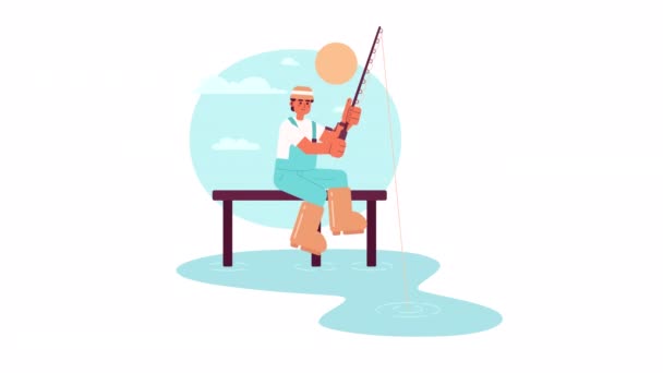 Fishing Morning Animation Animated Fisherman Spinning Cartoon Flat Character Summertime — Stock Video