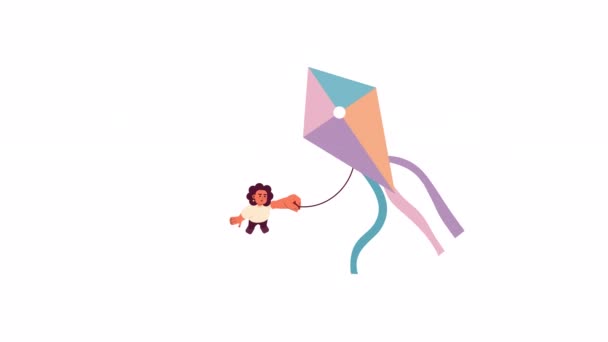 Кайт Запускающий Высокую Анимацию Анимированная Двухмерная Девочка Воздушным Змеем Играть — стоковое видео