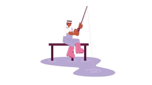 ドックの上のアニメーション漁師 アフリカ系アメリカ人の青年釣竿を引く孤立した2Dアニメーション 漫画フラット文字4Kビデオ映像 白背景 ウェブデザインのためのアルファチャンネル透明性 — ストック動画