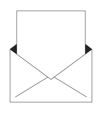 Üzerinde beyaz, boş, düz, izole, vektör nesnesi olan bir zarf aç. Davetiye postası. Düzenlenebilir siyah beyaz çizim. Web grafik tasarımı için basit tek renkli nokta çizimi