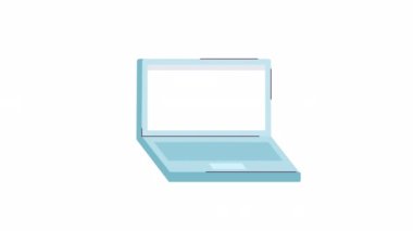 Boş ekranlı animasyon dizüstü bilgisayar. Web tasarımı için düz çizgi film tarzı ikon 4K video görüntüleri. Yüzen defter alfa kanal şeffaflığı ile beyaz arkaplan üzerinde izole renkli nesne animasyonu