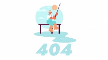 Sabah balıkçılığı 404 hata animasyonu. Dönen animasyon balıkçı. Boş eyalet 4K video konsept görüntüleri alfa kanal şeffaflığı ile. UI, UX web tasarımı için renkli sayfa flaş ileti bulunamadı