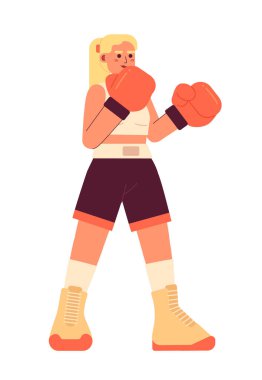 Kickboks genç kadın yarı düz renkli vektör karakter. Boks eldiveni giyen sarışın beyaz kız. Beyazın üzerinde tüm vücudu düzenleyebilen insan. Web grafik tasarımı için basit karikatür nokta çizimi