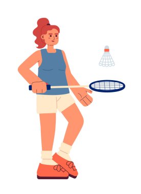 Badminton yarı düz renkli vektör karakteri oynayan genç bir sporcu. Kadın sporcu, topa vuruyor. Beyazın üzerinde tüm vücudu düzenleyebilen insan. Web grafik tasarımı için basit karikatür nokta çizimi