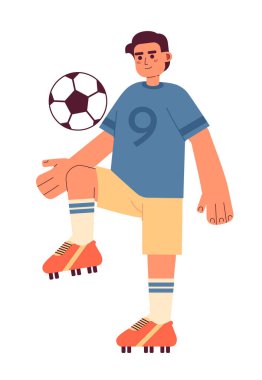 Genç Brezilyalı futbolcu futbol topunu tekmeliyor yarı düz renkli vektör karakter. Erkek futbolcu. Beyazın üzerinde tüm vücudu düzenleyebilen insan. Web grafik tasarımı için basit karikatür nokta çizimi