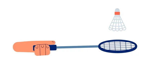 用羽毛球球拍打羽毛球半扁平彩色矢量第一眼手 羽毛球运动装备 在白色上可编辑的特写Pov 用于网页平面设计的简单卡通画 — 图库矢量图片
