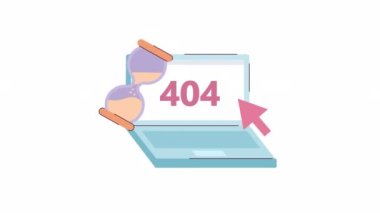 Laptop 404 hata animasyonu yükleniyor. Kum saati ve ok imleci olan defter. Boş eyalet 4K video konsept görüntüleri, alfa kanal şeffaflığı. UI, UX web tasarımı için renk sayfası flaş ileti bulunamadı