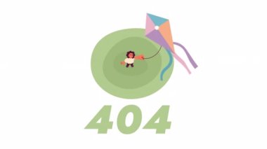 Uçurtma uçuran kız 404 hata animasyonu. Piknik yerinde duran animasyon genç kadın. Boş eyalet 4K video konsept görüntüleri, alfa kanal şeffaflığı. UI, UX web tasarımı için renkli sayfa bulunamadı
