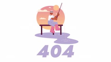 Günbatımı 404 animasyonunda balık tutmak. Animasyon Afro-Amerikan balıkçı rıhtımda. Boş eyalet 4K video konsept görüntüleri, alfa kanal şeffaflığı. UI, UX web tasarımı için renk sayfası flaş ileti bulunamadı