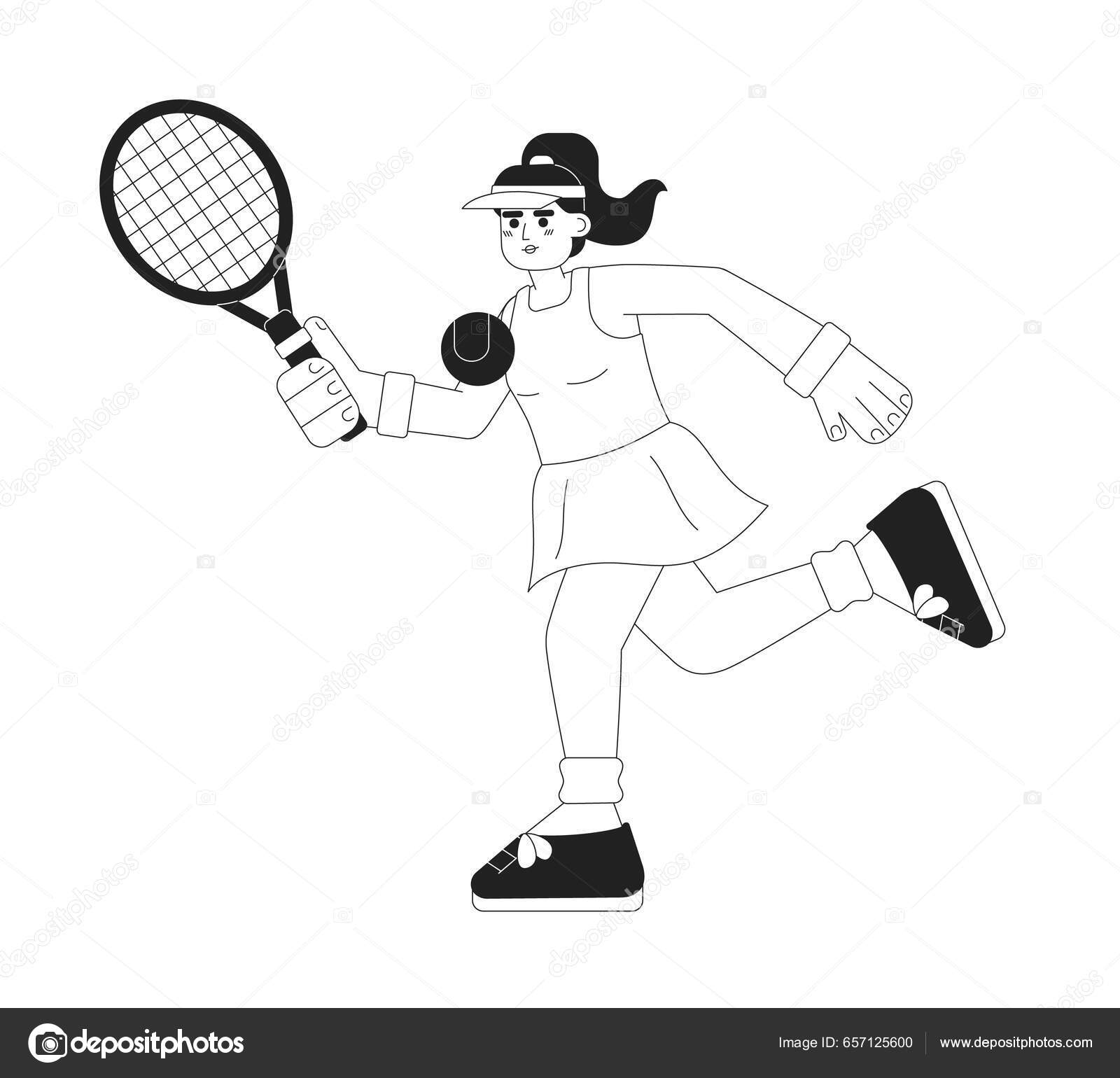 女子网球选手单色平面矢量字符职业女运动员与球拍可编辑细线全身上下的白种人用于网页平面设计的简单的Bw卡通点图像, image size:1600x1540