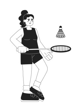 Badminton tek renkli düz vektör karakteri oynayan genç bir sporcu. Kadın sporcu, topa vuruyor. Düzenlenebilir ince çizgi, beyaz üzerine tam vücut insan. Web tasarımı için basit bw çizgi film nokta resmi