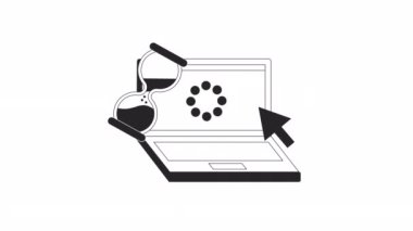 Defter bw animasyonu yükleniyor. Kum saati ile canlandırılmış dizüstü bilgisayar, ok imleci düz tek renkli ince çizgi nesnesi. Web tasarımı için alfa kanal şeffaflığı olan yavaş internet 4K video kavramı görüntüleri