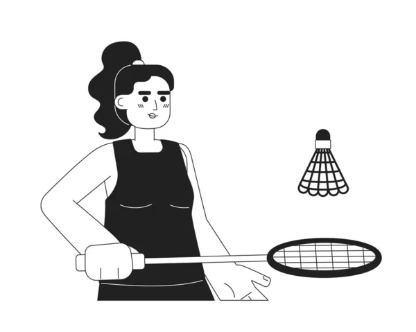 バドミントントレーニング単色フラットベクトル文字上の女性スペイン人選手 ラケットを持つスポーツ女性 編集可能な白の細い線の半分の体の人 グラフィックデザインのためのシンプルなBw漫画スポット画像 — ストックベクタ