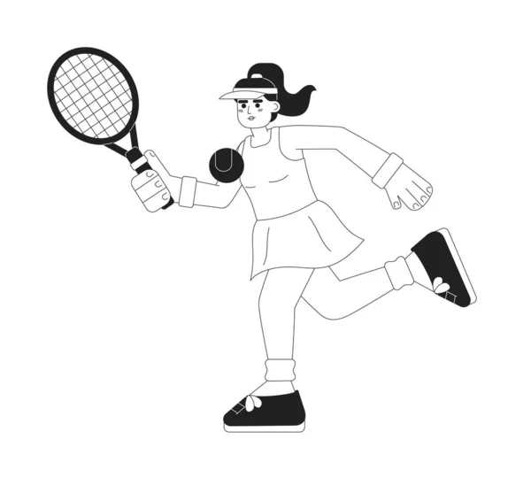 女の子テニス選手単色フラットベクトル文字 ラケットを持つプロの女性選手 編集可能な細い線の全身の人白 ウェブグラフィックデザインのためのシンプルなBw漫画のスポット画像 — ストックベクタ