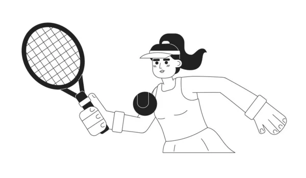 年轻的惊慌失措的女人在打网球单色平面矢量人物 职业网球锦标赛 可编辑细线半身人在白色上 图解设计用简单的Bw卡通图点图像 — 图库矢量图片