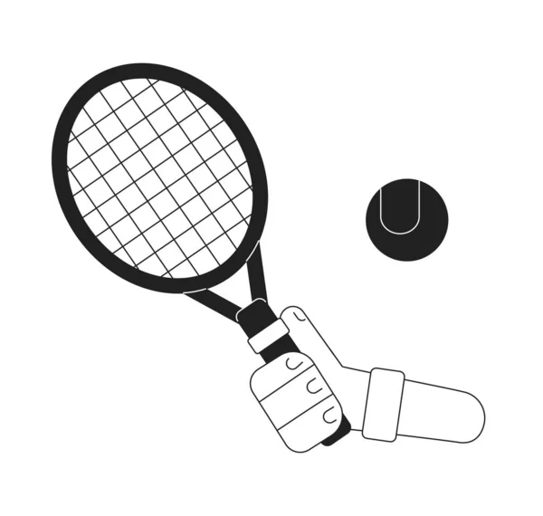 ラケットがテニスボール単色フラットベクトルを打つ手を直接表示します テニススポーツ用具 編集可能な細い線を閉じる白い上のPov ウェブグラフィックデザインのためのシンプルなBw漫画のスポット画像 — ストックベクタ