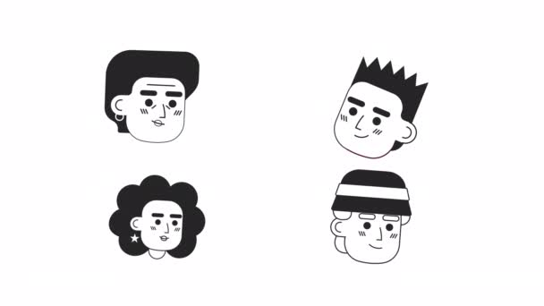 Freundliche Gesichter Symbole Animation Unterschiedliches Alter Animierte Monochromatische Flache Avatare — Stockvideo