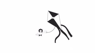 Uçurtma yüksek bw animasyonu. Uçurtmalı 2D kız animasyonu. Yazın dışarıda oyna. Çizgi film üst görünümü tek renkli çizgi karakter 4K video görüntüleri, web tasarımı için alfa kanal şeffaflığı