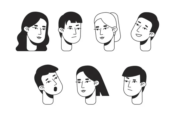 Junge Asiatische Frau Und Mann Monochrom Flache Lineare Charakterköpfe Bündeln — Stockvektor