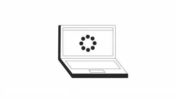 在笔记本电脑屏幕上动画Bw缓冲区 黑白色细线图标4K视频镜头用于网页设计 具有Alpha信道透明度的计算机加载隔离单色平面物体动画 — 图库视频影像