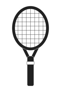 Tenis raketi tek renkli düz vektör objesi. Tahta ekipmanlar. Tenis raketi. Yaz sporu. Düzenlenebilir siyah beyaz çizgi simgesi. Web grafik tasarımı için basit bir karikatür klibi resim çizimi