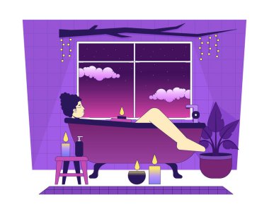 Mum ışıklarıyla yıkanmak, izole edilmiş soğuk, lo fi görüntüsü. Küvette dinlenen kadın 2D vektör çizgi film karakteri çizimi, buhar dalgası arka planı. 80 'lerin retro albüm sanatı, synthwave estetiği