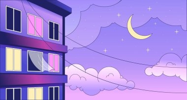 Windows apartman binası gece buz gibi duvar kâğıdı. Ay ışığı gece gökyüzü 2D vektör karikatür manzara çizimi, buhar dalgası arkaplanı. 80 'lerin retro albüm sanatı, synthwave estetiği