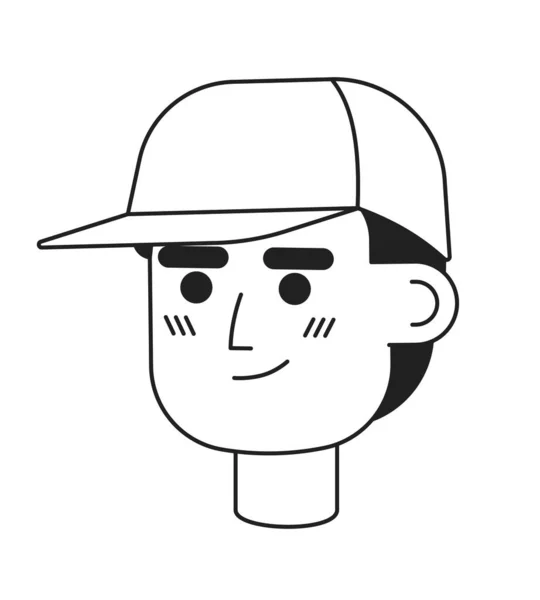 野球帽のモノクロームフラット線形文字頭を身に着けている自信を持って笑顔コーチの男 クーリエ 編集可能なアウトラインハンドは 人間の顔のアイコンを描いた 2D漫画スポットベクトルアバターイラストForアニメーション — ストックベクタ