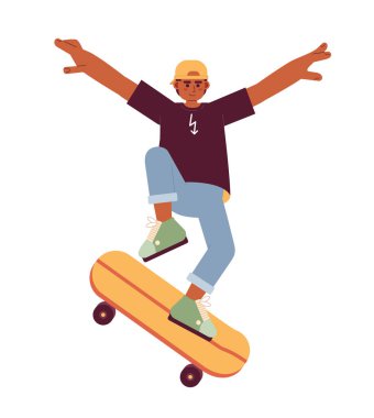 Genç kaykaylı düz vektör çizgi film karakteri. Kaykaycı gençlik kültürü illüstrasyonu. Olağanüstü bir spor. Tüm vücut beyazda izole edilmiş. Düzenlenebilir 2B basit çizim, grafik tasarımı