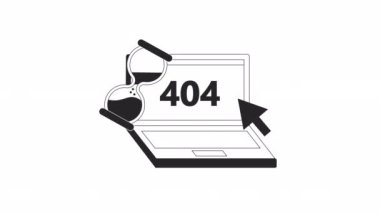 BW 404 animasyonu yükleniyor. Kum saati ve ok imleci olan defter. Boş eyalet 4K video konsept görüntüleri, alfa kanal şeffaflığı. Web UI tasarımı için monokromatik hata flaş mesajı