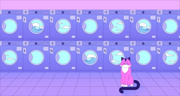 Kedi Duvar Kağıtlı Reklam Yıkayıcıları Çamaşırhane Çamaşır Odasında Sevimli Bir — Stok Vektör