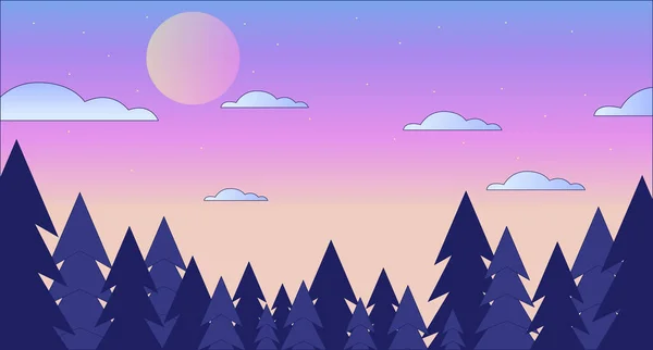 夕暮れの森のスカイラインLo Fichill壁紙 黄昏の空の星 自然の中で日没の美しさ2次元ベクトル漫画の風景イラスト 気化波の背景 80年代のレトロなアルバムアート合成波の美学 — ストックベクタ