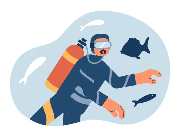 Imagem Herói Conceitual Mergulho Subaquático Mergulhador Explorando Sealife Personagem Desenho — Vetor de Stock