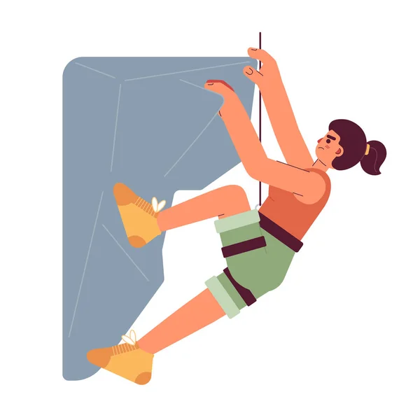 Klettern Konzeptionelles Heldenbild Bergsteigerin Hängt Klippe Cartoon Figur Auf Weißem — Stockvektor