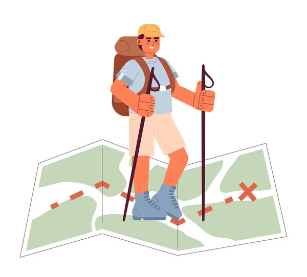 Abenteuerreise Konzeptionelles Heldenbild Backpacker Trekking Über Die Karte Cartoon Figur — Stockvektor