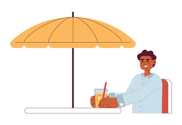 Afro Amerikaanse Jongeman Met Frisdrank Zittend Onder Paraplu Platte Vector — Stockvector