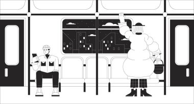 Banliyö treni siyah beyaz lo fi soğuk duvar kağıdı. Toplu taşıma. Tren yolculuğu. Trenciler 2D vektör çizgi film karakterleri çizimi, minimalizm arka planı. 80 'lerin retro albüm sanatı, satır sanatı