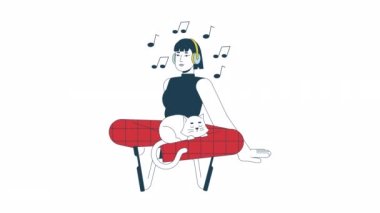 Müzik animasyonu dinliyordum. Animasyon 2D Asyalı kulaklıklı kedili kız. Çizgi film rengi düz çizgi karakter 4K video görüntüleri, beyaz arkaplan, web tasarımı için alfa kanal şeffaflığı