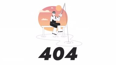 Gün batımında balık tutmak... 404 animasyonu. Animasyon Afro-Amerikan balıkçı rıhtımda. Boş eyalet 4K video konsept görüntüleri, alfa kanal şeffaflığı. Web UI tasarımı için monokromatik hata flaş mesajı