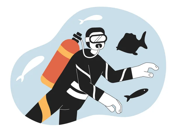 Imagem Herói Conceito Mergulho Subaquático Mergulhador Explorando Sealife Desenho Animado — Vetor de Stock