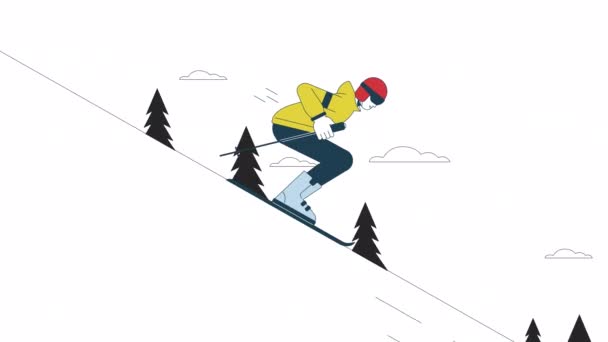 Skiën Downhill Animatie Animatie Freeskier Houden Ski Sticks Cartoon Platte — Stockvideo