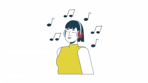 アジアの少女音楽アニメーション アニメーション隔離された2Dヘッドフォンの若い女性 メロマニアック 漫画のカラーフラットライン文字4Kビデオ映像 白の背景 ウェブデザインのためのアルファチャンネル透明 — ストック動画