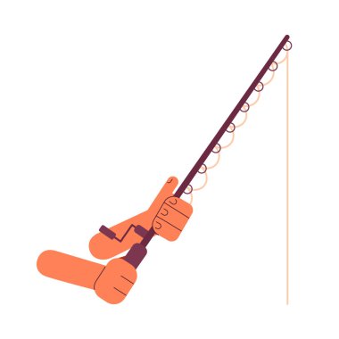 Balık oltası yarı düz vektör elleri tutuyor. Balık yakalama ekipmanı. Olta atma hobisi. Tatil etkinliği. Beyaz üzerine düzenlenebilir yakın çekim pov. Web grafik tasarımı için basit karikatür nokta çizimi