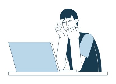 Dizüstü bilgisayarı düz çizgi nokta çizimi olan sinirli bir adam. Asyalı genç bir öğrenci web-UI tasarımı için beyazın üzerindeki 2D çizgi film karakteri hakkında endişeleniyor. Bilgisayar problemi düzenlenebilir renkli kahraman görüntüsü