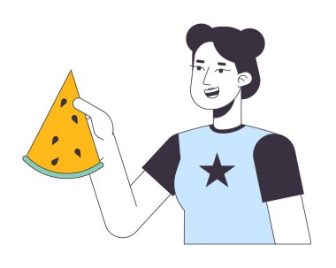 Neşeli Asyalı kız elinde karpuz dilimi vektör çizgisi illüstrasyonuyla. Web UI tasarımı için beyaz üzerine 2D çizgi film karakteri. Yaz pikniği düzenlenebilir renkli kahraman imajı