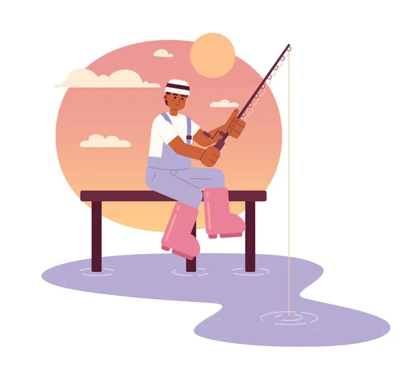 日落中的钓鱼扁平矢量点画 非洲裔美国渔民在码头2D卡通人物白色背景为网页用户界面设计 在湖上钓鱼孤立的可编辑的有创意的英雄形象 — 图库矢量图片