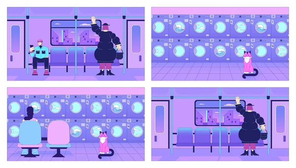 Bahnfahren Waschsalon Tapeten Set Waschmaschinen Zugpassagiere Vektor Zeichentrickfiguren Dampfwellen Hintergrund — Stockvektor
